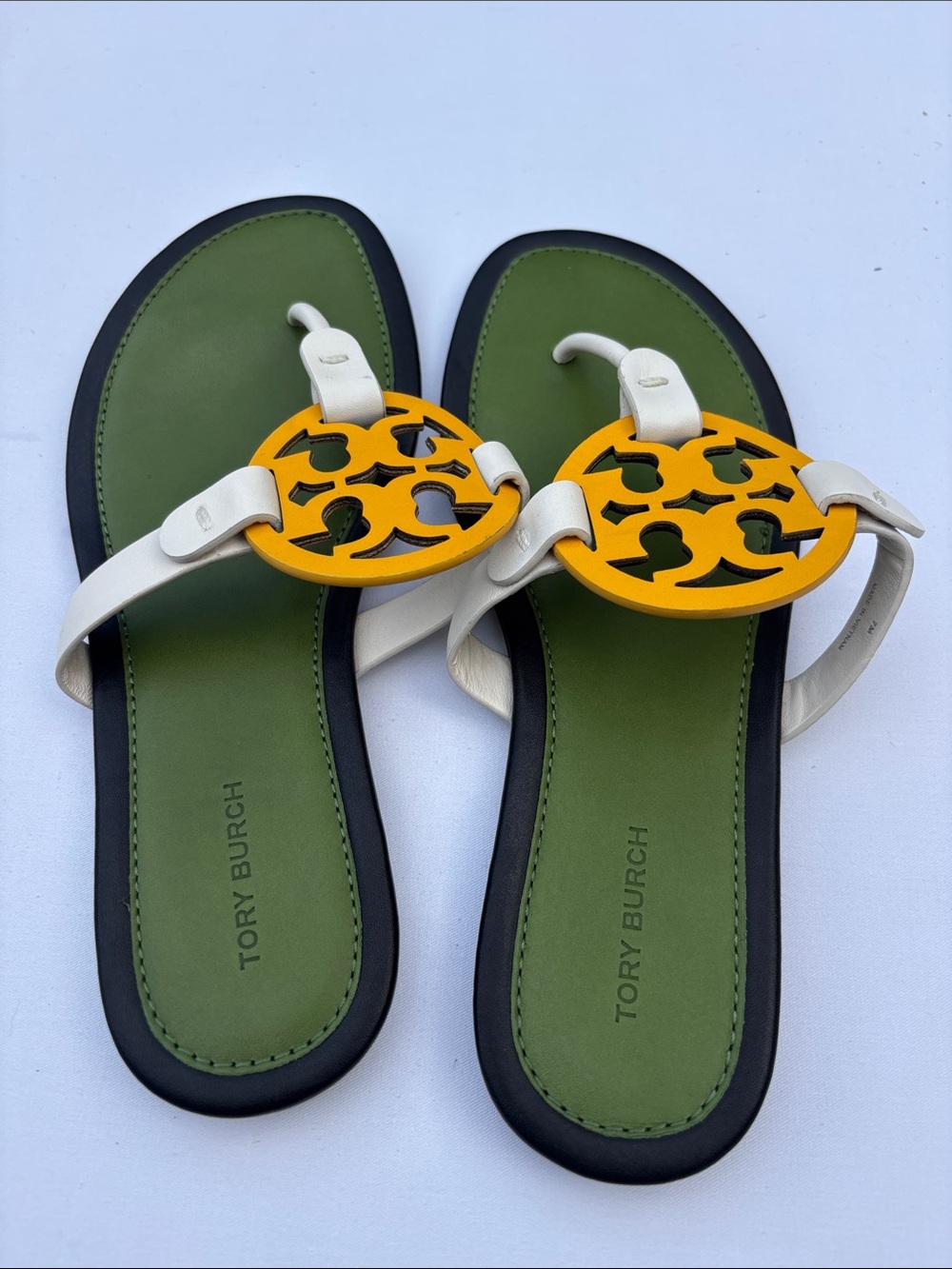 Tory Burch White Leather Sandals with Yellow Logo and Olive Insole
